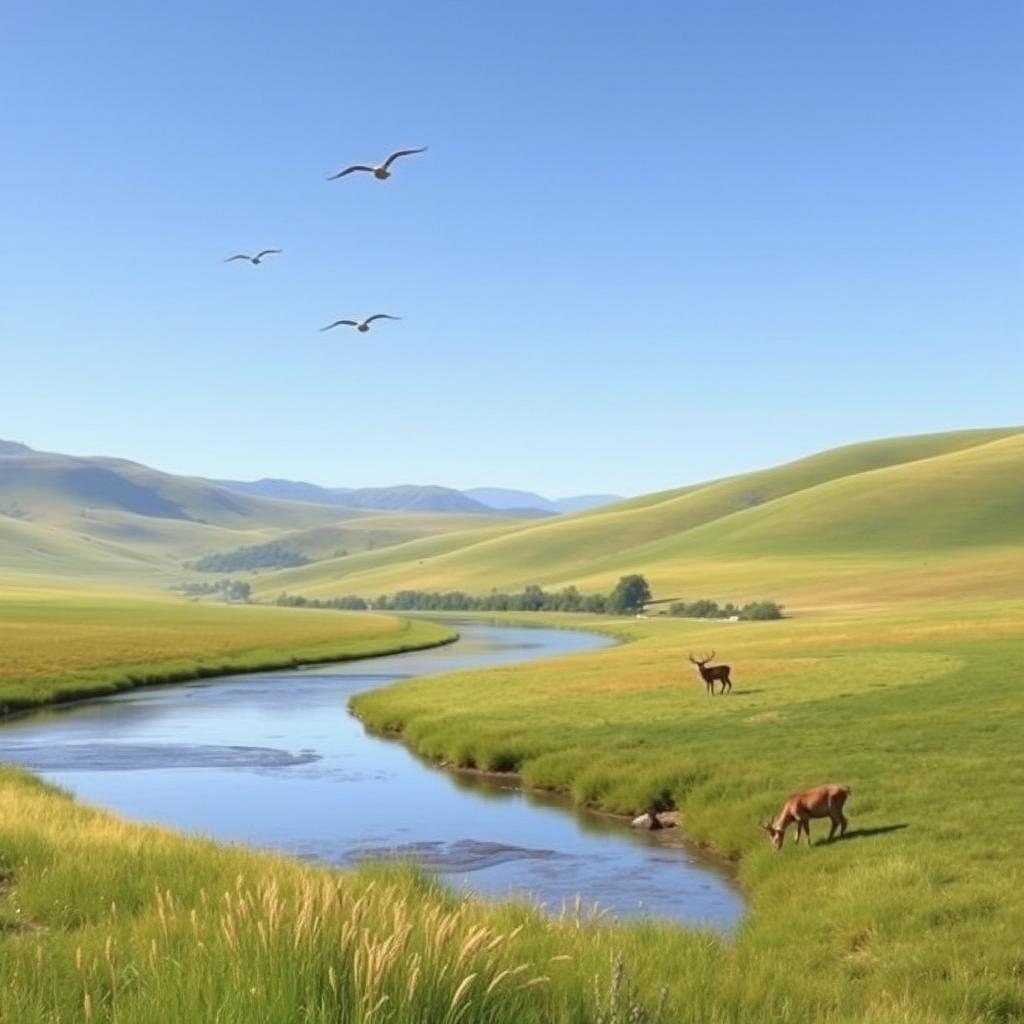 A serene landscape with rolling hills, a clear blue sky, and a river flowing through a meadow