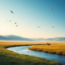 A serene landscape with rolling hills, a clear blue sky, and a river flowing through a meadow