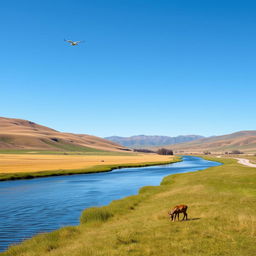 A serene landscape with rolling hills, a clear blue sky, and a river flowing through a meadow