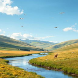 A serene landscape with rolling hills, a clear blue sky, and a river flowing through a meadow