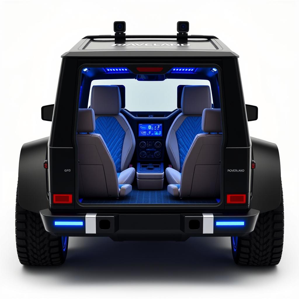 Create an image of a cube-shaped car inspired by the Mercedes-Benz AMG G63 with the following specifications: The exterior color should be black