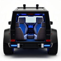 Create an image of a cube-shaped car inspired by the Mercedes-Benz AMG G63 with the following specifications: The exterior color should be black