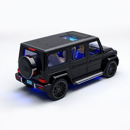 Create an image of a cube-shaped car inspired by the Mercedes-Benz AMG G63 with the following specifications: The exterior color should be black