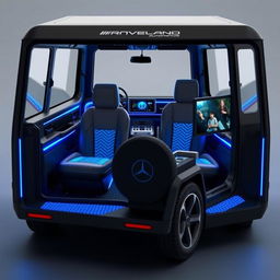 Create an image of a cube-shaped car inspired by the Mercedes-Benz AMG G63 with the following specifications: The exterior color should be black