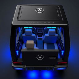 Create an image of a cube-shaped car inspired by the Mercedes-Benz AMG G63 with the following specifications: The exterior color should be black