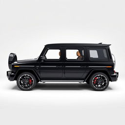 Create an image of a car called Roverland that looks like a slightly bigger version of the Mercedes Benz AMG G63 but is black in color and without the Mercedes Benz logo