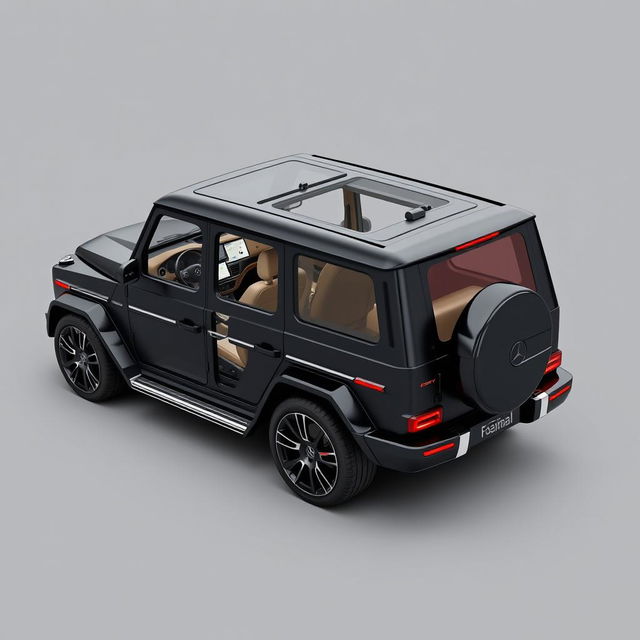 Create an image of a car called Roverland that looks like a slightly bigger version of the Mercedes Benz AMG G63 but is black in color and without the Mercedes Benz logo