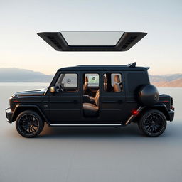 Create an image of a car called Roverland that looks like a slightly bigger version of the Mercedes Benz AMG G63 but is black in color and without the Mercedes Benz logo