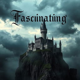 A grand and ominous castle perched on a cliff, surrounded by dark, swirling clouds