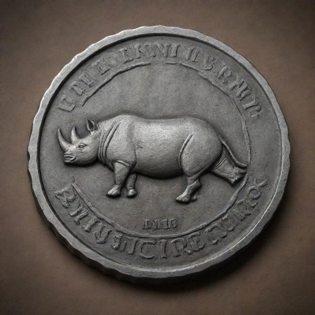 A detailed mockup of a raised rhinoceros seal presented on a French wrench. The seal has intricate designs and the wrench should have a realistic weathered look.