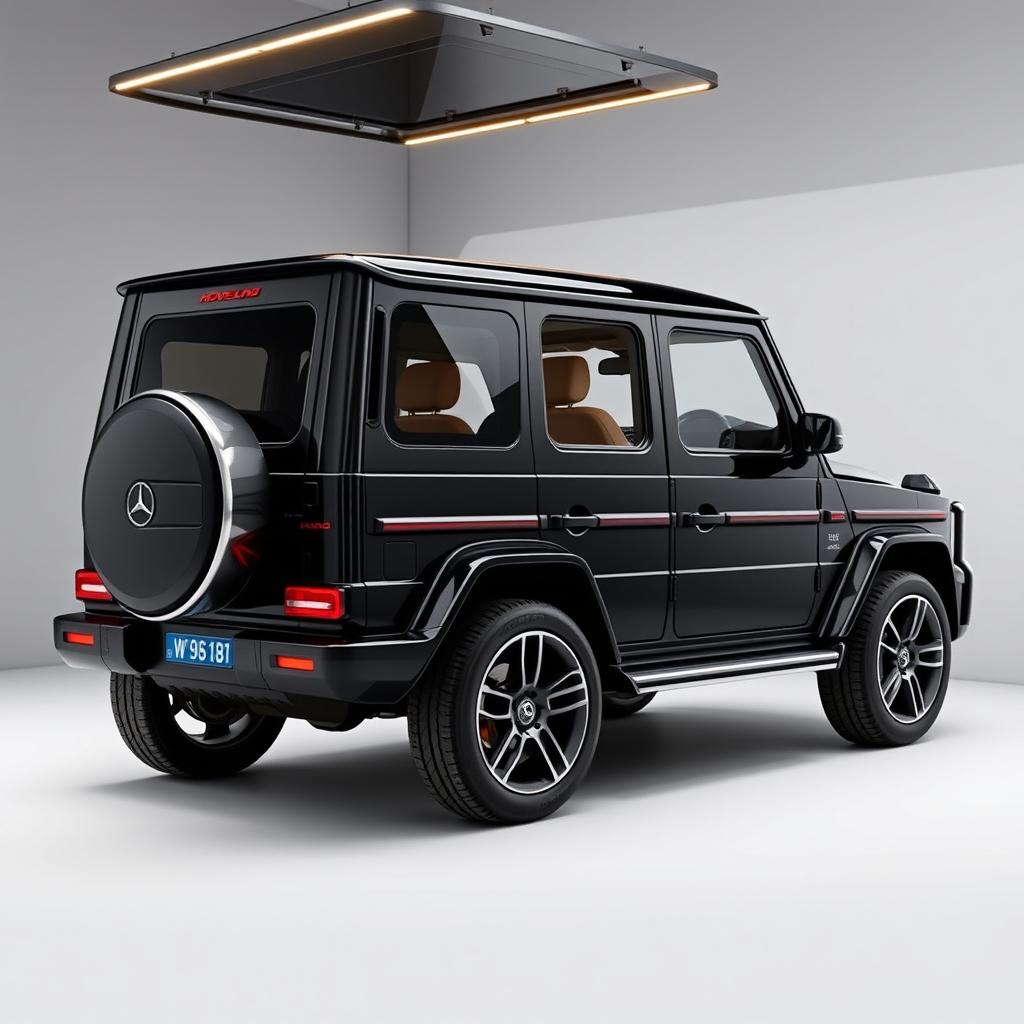 Create an image of a slightly shorter car called Roverland that looks like a slightly bigger version of the Mercedes Benz AMG G63 but is black in color and without the Mercedes Benz logo