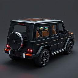 Create an image of a slightly shorter car called Roverland that looks like a slightly bigger version of the Mercedes Benz AMG G63 but is black in color and without the Mercedes Benz logo