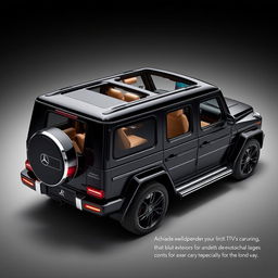 Create an image of a slightly shorter car called Roverland that looks like a slightly bigger version of the Mercedes Benz AMG G63 but is black in color and without the Mercedes Benz logo