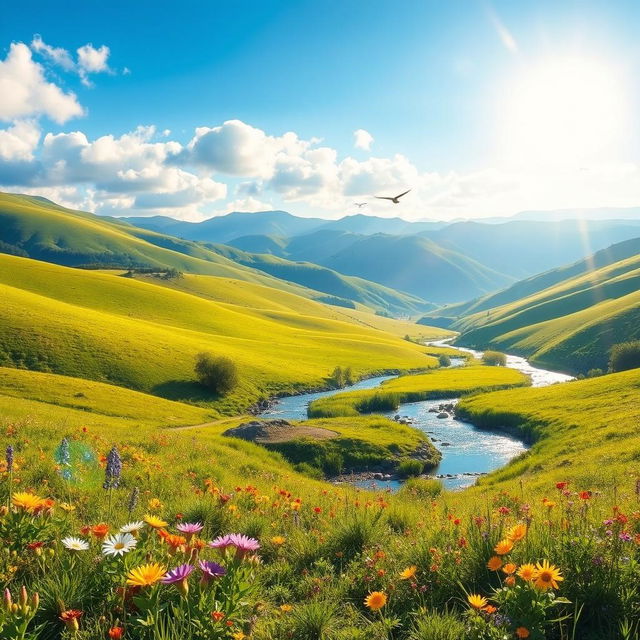 A serene landscape featuring a clear blue sky, rolling green hills, and a sparkling river flowing through the valley