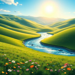 A serene landscape featuring a clear blue sky, rolling green hills, and a sparkling river flowing through the valley