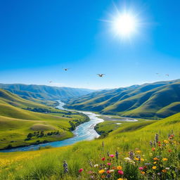 A serene landscape featuring a clear blue sky, rolling green hills, and a sparkling river flowing through the valley