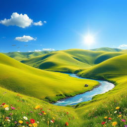 A serene landscape featuring a clear blue sky, rolling green hills, and a sparkling river flowing through the valley