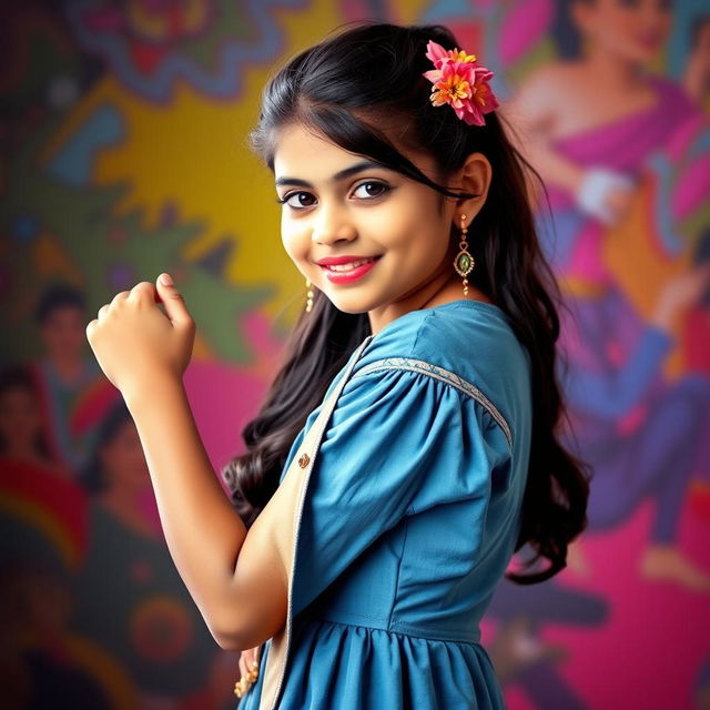 An Indian girl in a stylish western dress, striking a confident and fashionable pose