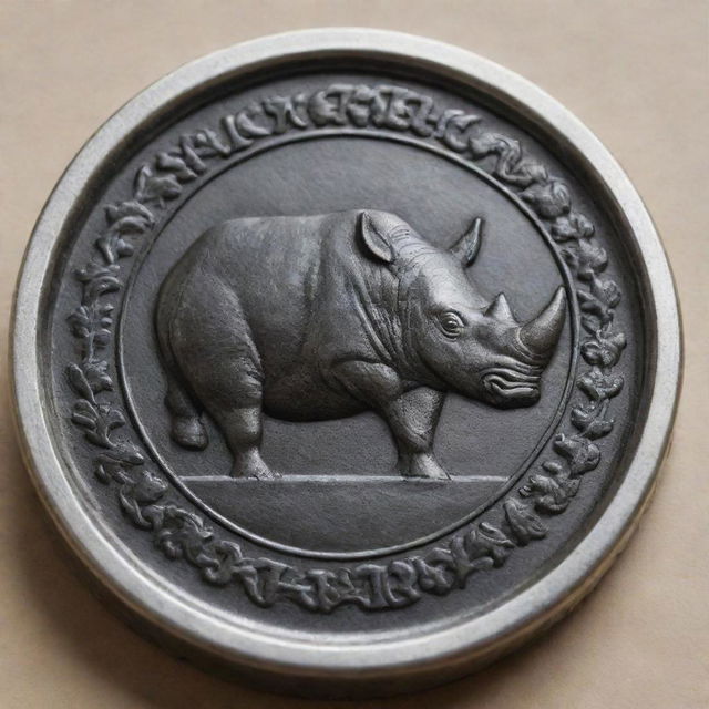 A realistic mockup of a richly detailed, embossed seal depicting a rhinoceros, gracefully placed on a traditional French wrench.