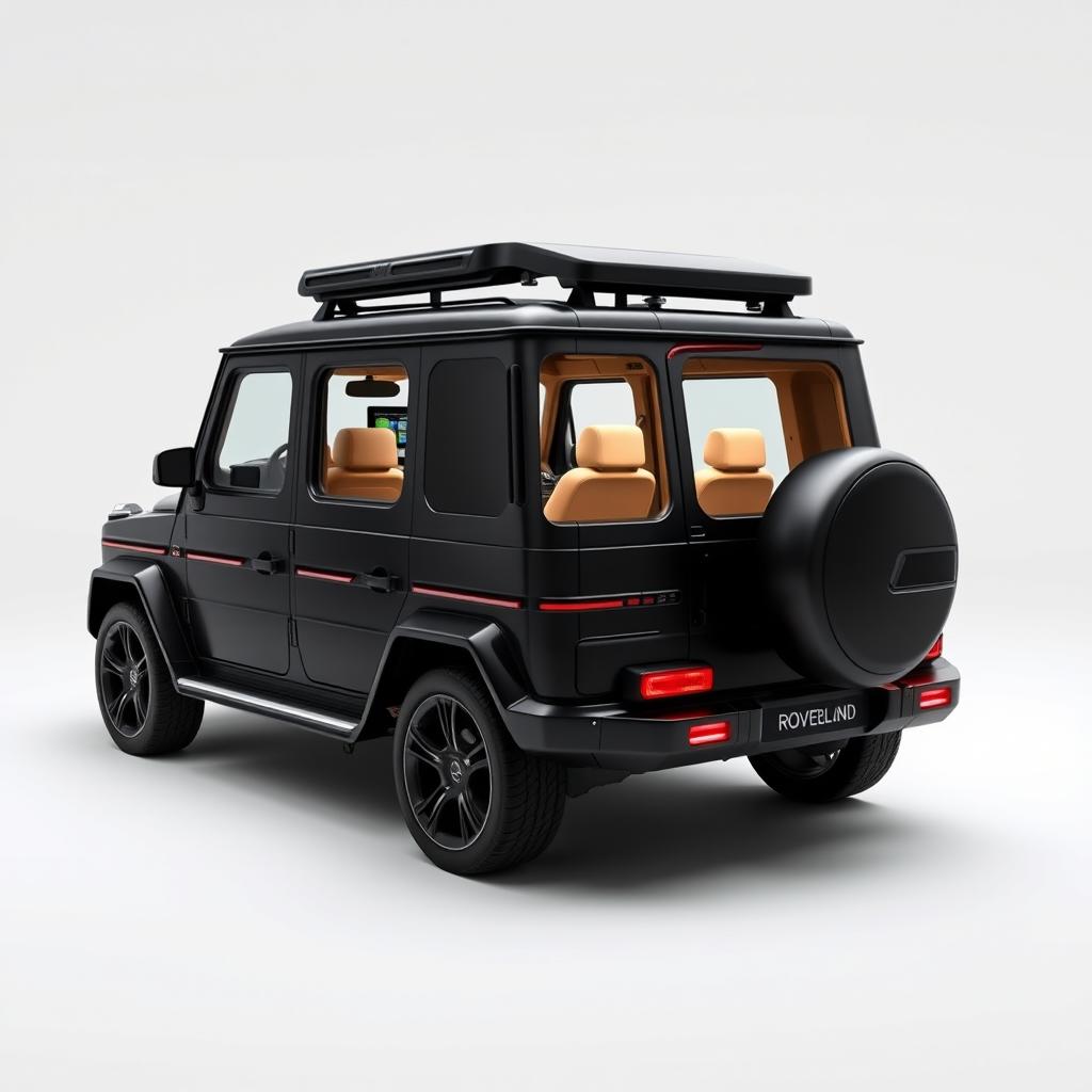 Create an image of a car called Roverland that looks like a slightly bigger version of the Mercedes Benz AMG G63 but is black in color and without any logos