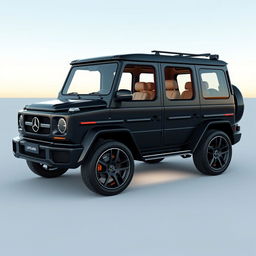 Create an image of a car called Roverland that looks like a slightly bigger version of the Mercedes Benz AMG G63 but is black in color and without any logos