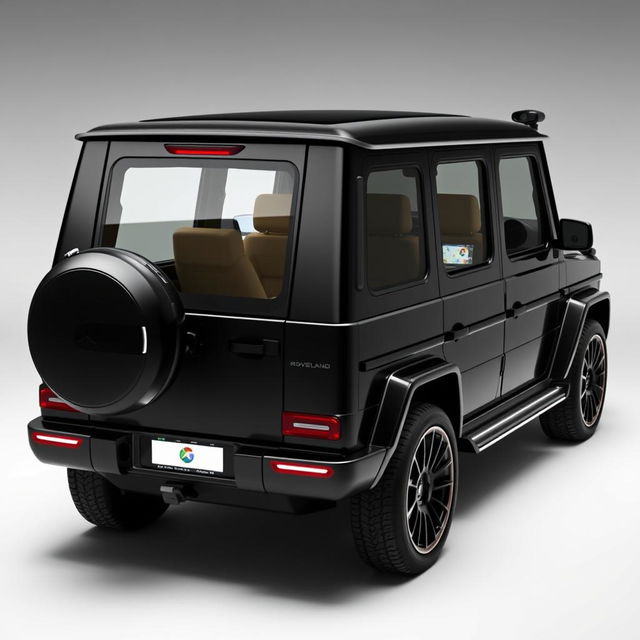 Create an image of a car called Roverland that looks like a slightly bigger version of the Mercedes Benz AMG G63 but is black in color and without any logos