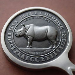 A realistic mockup of a richly detailed, embossed seal depicting a rhinoceros, gracefully placed on a traditional French wrench.