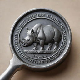 A realistic mockup of a richly detailed, embossed seal depicting a rhinoceros, gracefully placed on a traditional French wrench.