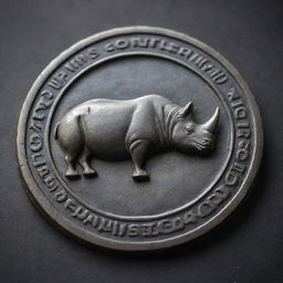 An intricately designed embossed seal with a rhinoceros motif, positioned masterfully on a metal wrench. The image is to be detailed, displaying the realistic textures of both seal and wrench.