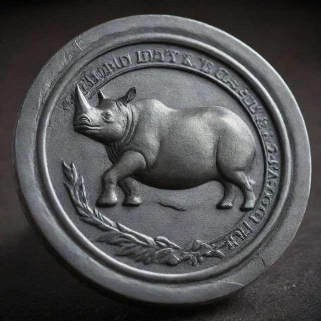 An intricately designed embossed seal with a rhinoceros motif, positioned masterfully on a metal wrench. The image is to be detailed, displaying the realistic textures of both seal and wrench.