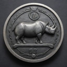 An intricately designed embossed seal with a rhinoceros motif, positioned masterfully on a metal wrench. The image is to be detailed, displaying the realistic textures of both seal and wrench.