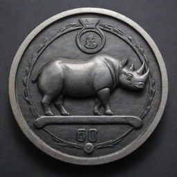 An intricately designed embossed seal with a rhinoceros motif, positioned masterfully on a metal wrench. The image is to be detailed, displaying the realistic textures of both seal and wrench.