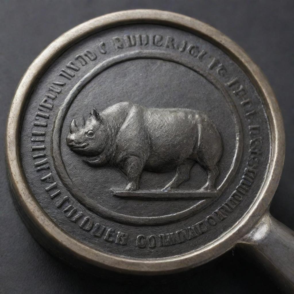 A well-crafted seal with a detailed engraving of a rhinoceros, poised on a sturdy metal wrench. The texture and material of both seal and wrench should offer a realistic feel.