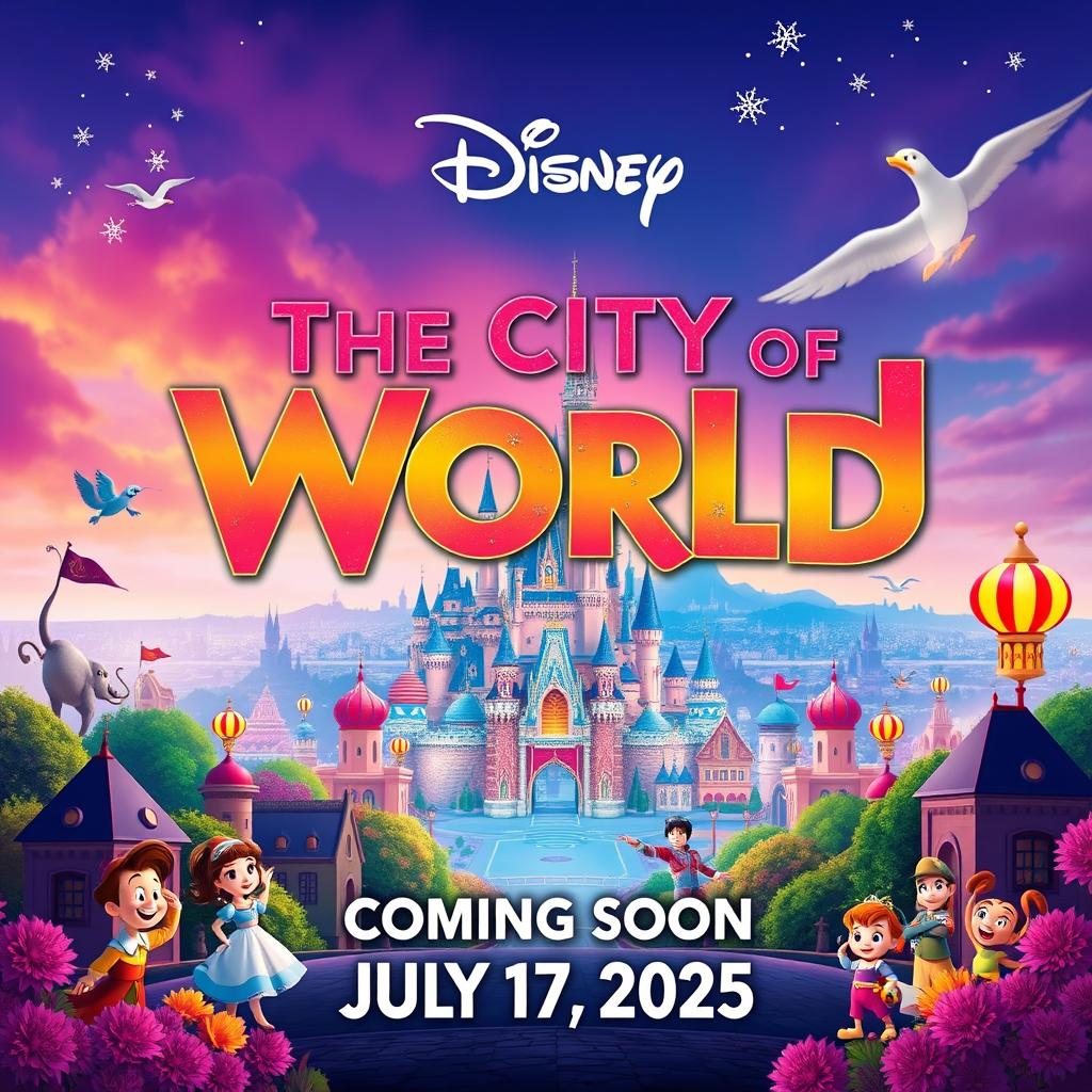 A promotional poster for a Disney movie titled 'The City Of World' coming soon on July 17, 2025