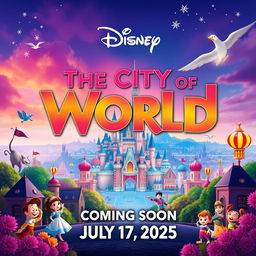 A promotional poster for a Disney movie titled 'The City Of World' coming soon on July 17, 2025