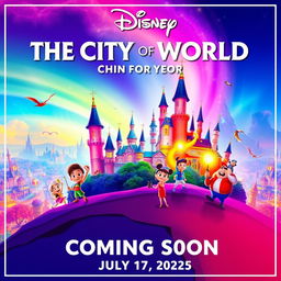 A promotional poster for a Disney movie titled 'The City Of World' coming soon on July 17, 2025