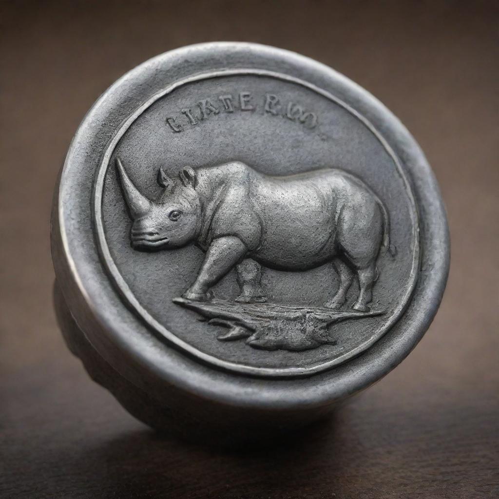 A well-crafted seal with a detailed engraving of a rhinoceros, poised on a sturdy metal wrench. The texture and material of both seal and wrench should offer a realistic feel.