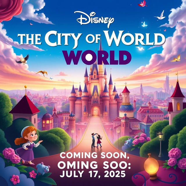 A promotional poster for a Disney movie titled 'The City Of World' coming soon on July 17, 2025