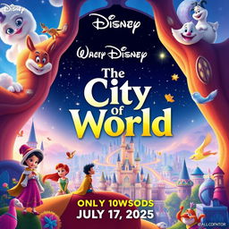 A promotional poster for a Disney movie titled 'The City Of World' coming soon on July 17, 2025