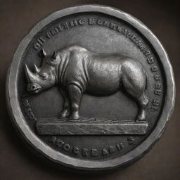 A well-crafted seal with a detailed engraving of a rhinoceros, poised on a sturdy metal wrench. The texture and material of both seal and wrench should offer a realistic feel.