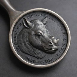 A well-crafted seal with a detailed engraving of a rhinoceros, poised on a sturdy metal wrench. The texture and material of both seal and wrench should offer a realistic feel.