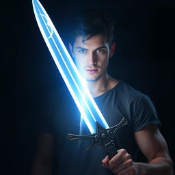 A 24-year-old man holding a mystical sword that embodies both light and darkness