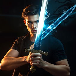 A 24-year-old man holding a mystical sword that embodies both light and darkness