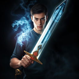 A 24-year-old man holding a mystical sword that embodies both light and darkness