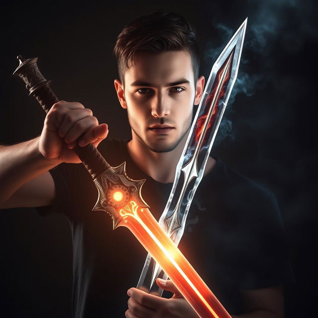 A 24-year-old man holding a mystical sword that embodies both light and darkness