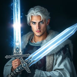 A 24-year-old man with white hair and blue eyes, dressed as a king in fantasy medieval attire, holding a mystical sword that embodies both light and darkness