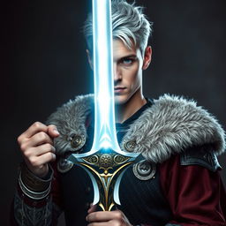 A 24-year-old man with white hair and blue eyes, dressed as a king in fantasy medieval attire, holding a mystical sword that embodies both light and darkness