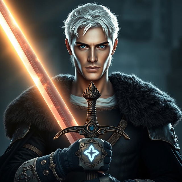 A 24-year-old man with white hair and blue eyes, dressed as a king in fantasy medieval attire, holding a mystical sword that embodies both light and darkness