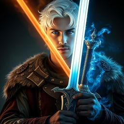 A 24-year-old man with white hair and blue eyes, dressed as a king in fantasy medieval attire, holding a mystical sword that embodies both light and darkness