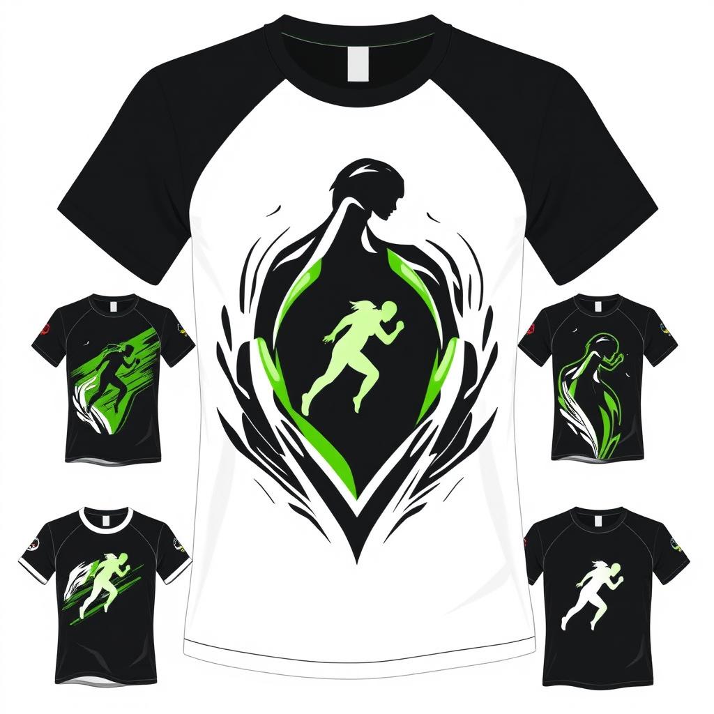 Create a design for 10 running t-shirts using black, white, and green colors